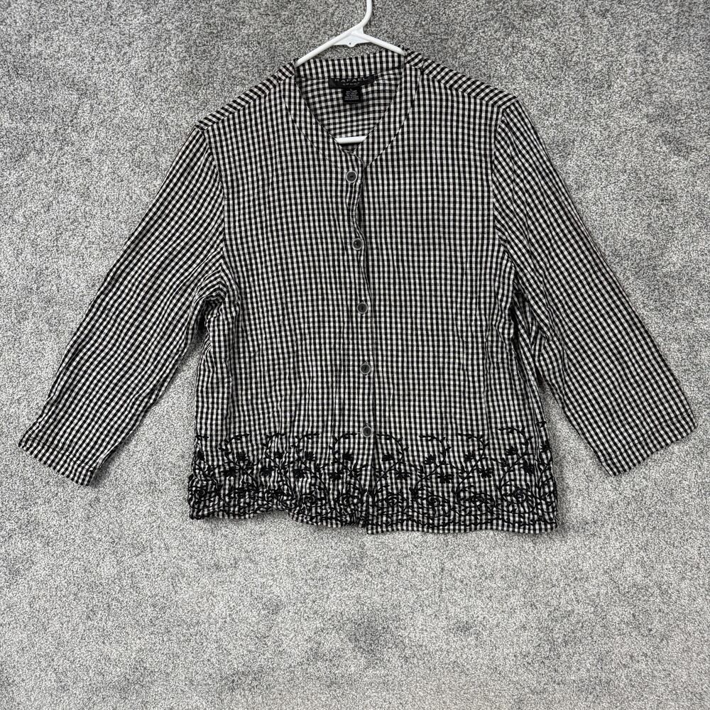 Vintage 90s Rafael Sport Top Women L Black White Gingham Floral Embroidered Boho